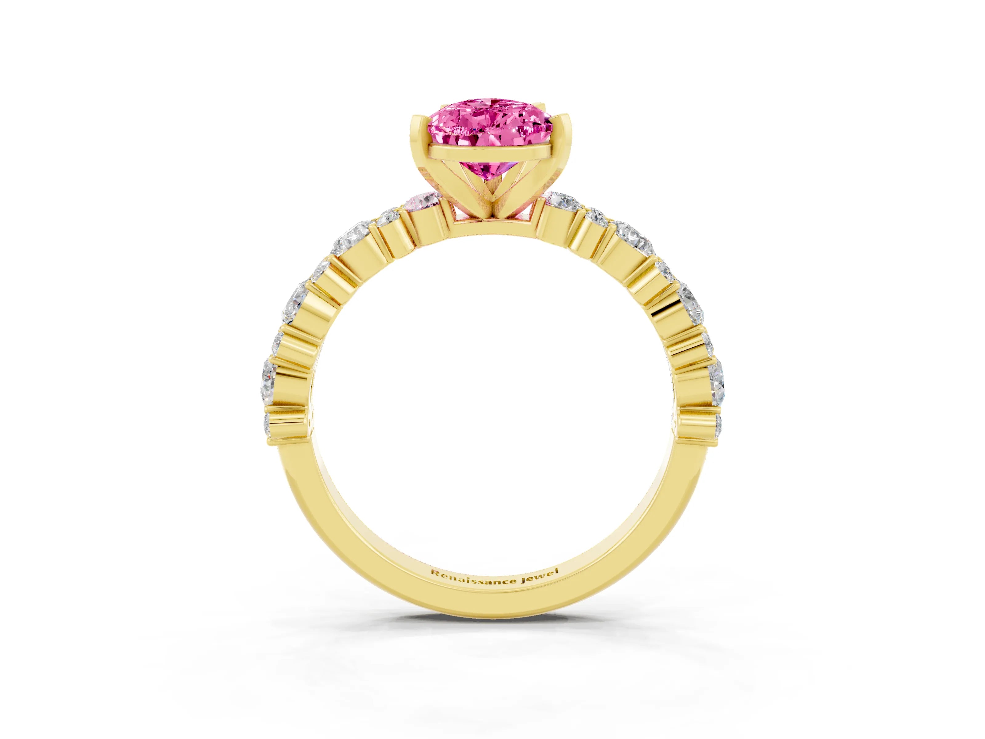 Yellow gold Pear Cut Pink Sapphire Solitaire with Side Stones, Pave Band, Four-Prong Setting_75