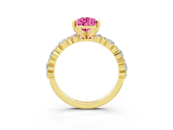 Yellow gold Pear Cut Pink Sapphire Side Stone Solitaire Ring with Round  and Four-Prong Setting