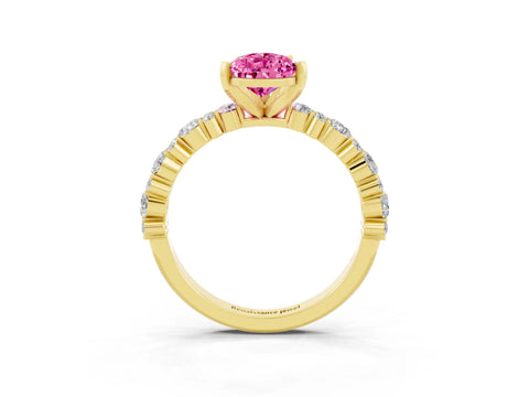 Yellow gold Pear Cut Pink Sapphire Solitaire with Side Stones, Pave Band, Four-Prong Setting_75