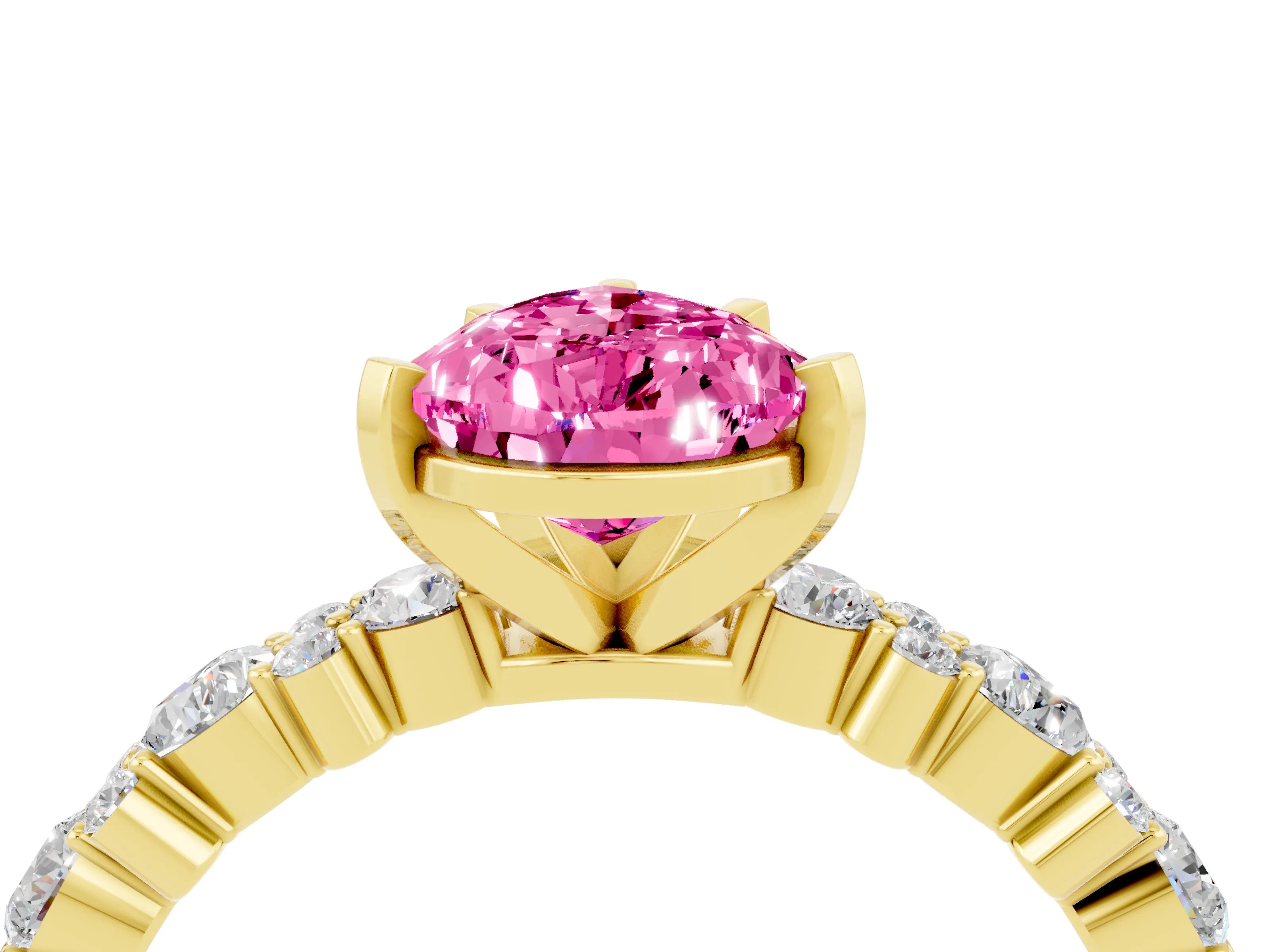 Yellow gold Pear Cut Pink Sapphire Solitaire with Side Stones, Pave Band, Four-Prong Setting_76