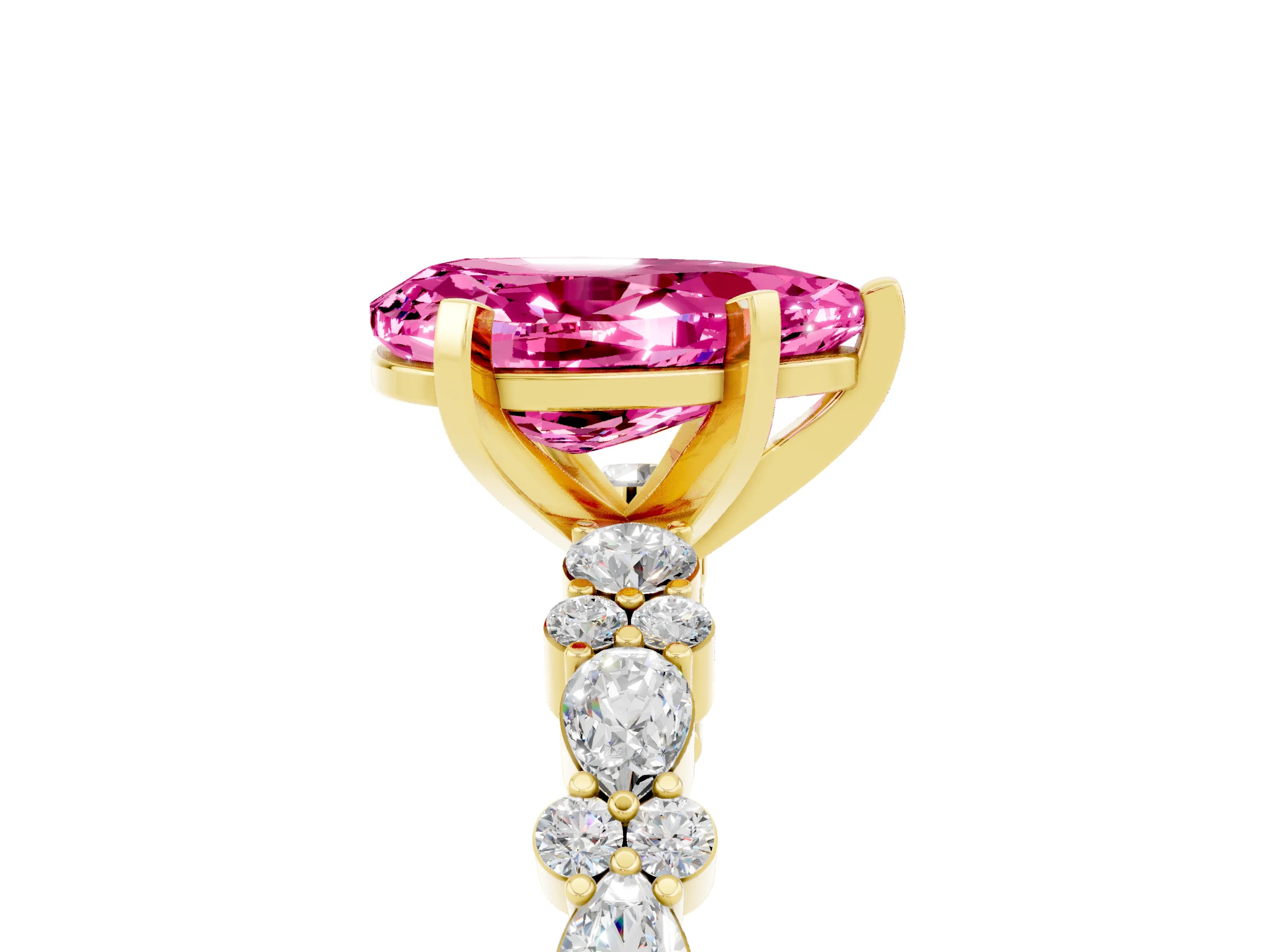Yellow gold Pear Cut Pink Sapphire Solitaire with Side Stones, Pave Band, Four-Prong Setting_77