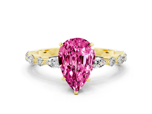 Yellow gold Pear Cut Pink Sapphire Ring with Marquise and Round  Side Stones and Four-Prong Setting