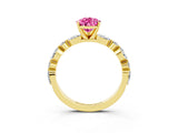 Yellow gold Pear Cut Pink Sapphire Solitaire with Side Stones on a Pavé Band and Four-Prong Setting_27