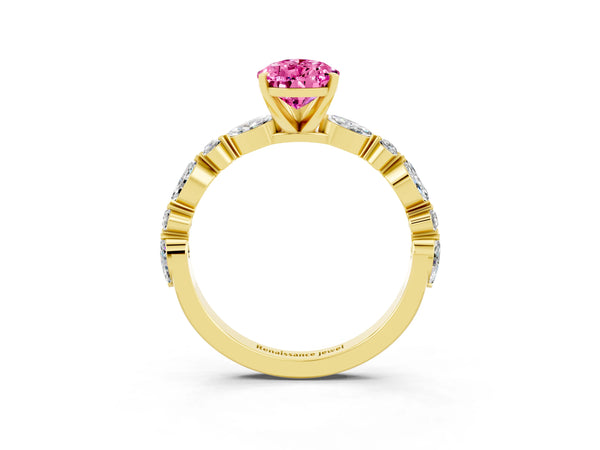 Yellow gold Pear Cut Pink Sapphire Ring with Marquise and Round  Side Stones and Four-Prong Setting