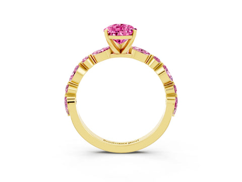 Yellow gold Pear Cut Pink Sapphire Solitaire with Side Stones on a Pavé Band and Four-Prong Setting_3