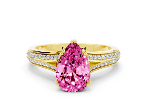 Yellow gold Pear Cut Pink Sapphire Split Shank Engagement Ring with Pavé Band_24