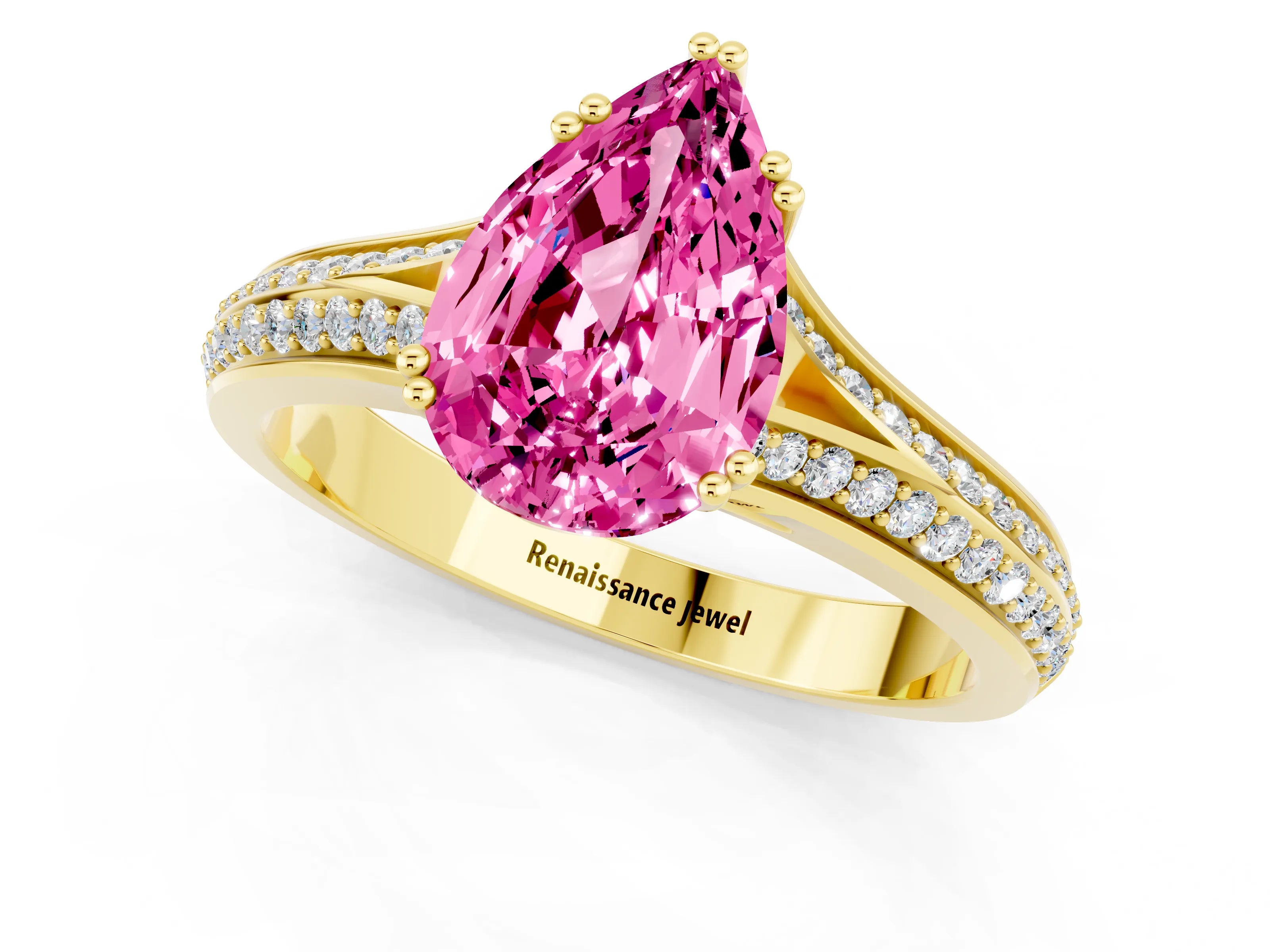 Yellow gold Pear Cut Pink Sapphire Split Shank Engagement Ring with Pavé Band_25