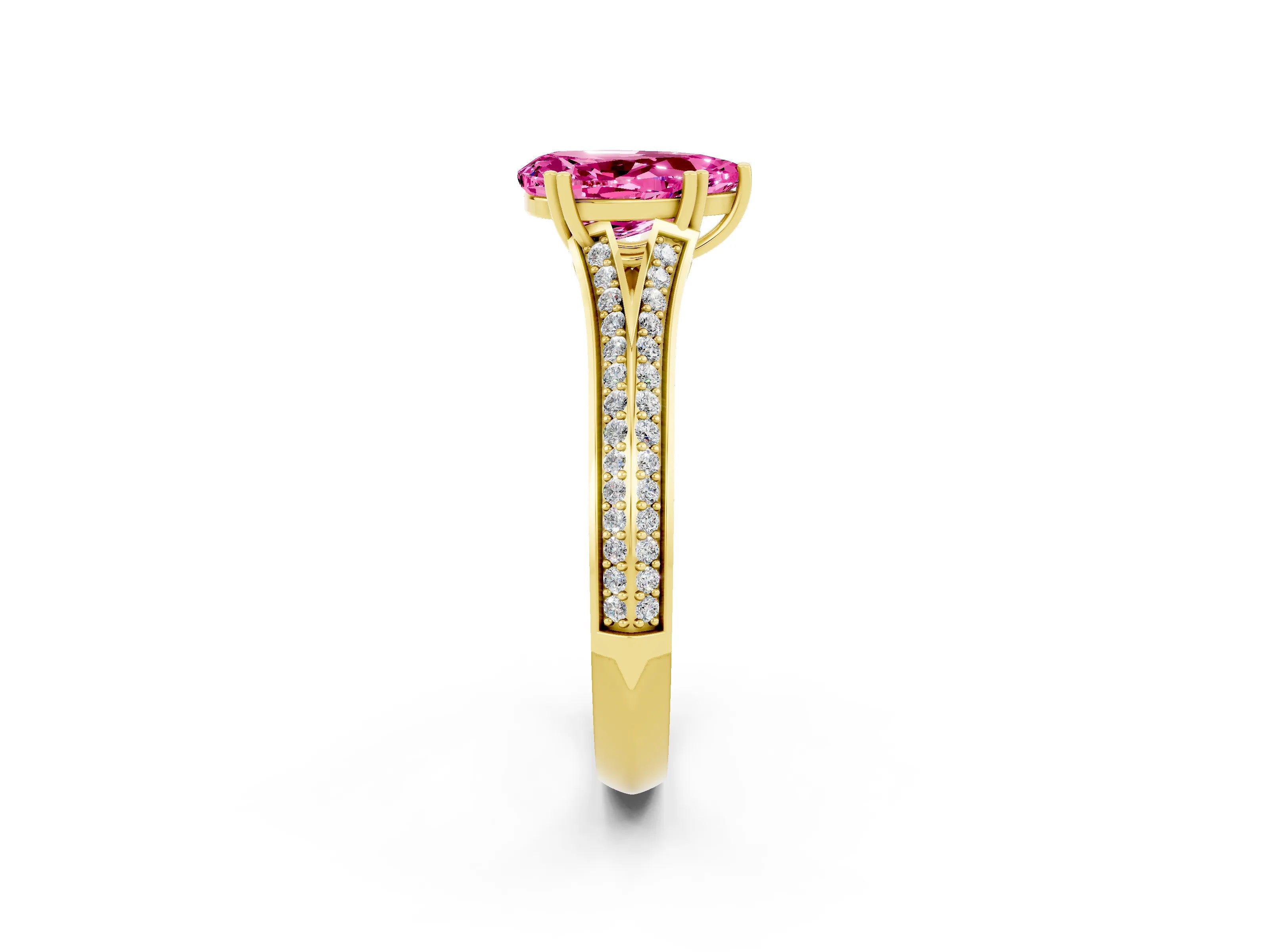 Yellow gold Pear Cut Pink Sapphire Split Shank Engagement Ring with Pavé Band_26
