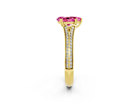 Yellow gold Pear Cut Pink Sapphire Split Shank Engagement Ring with Pavé Band_26