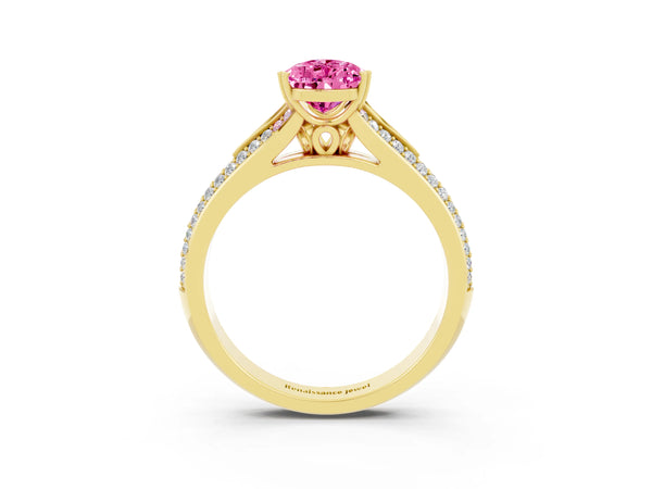 Yellow gold Pear Cut Pink Sapphire Split Shank Engagement Ring with Pavé Band