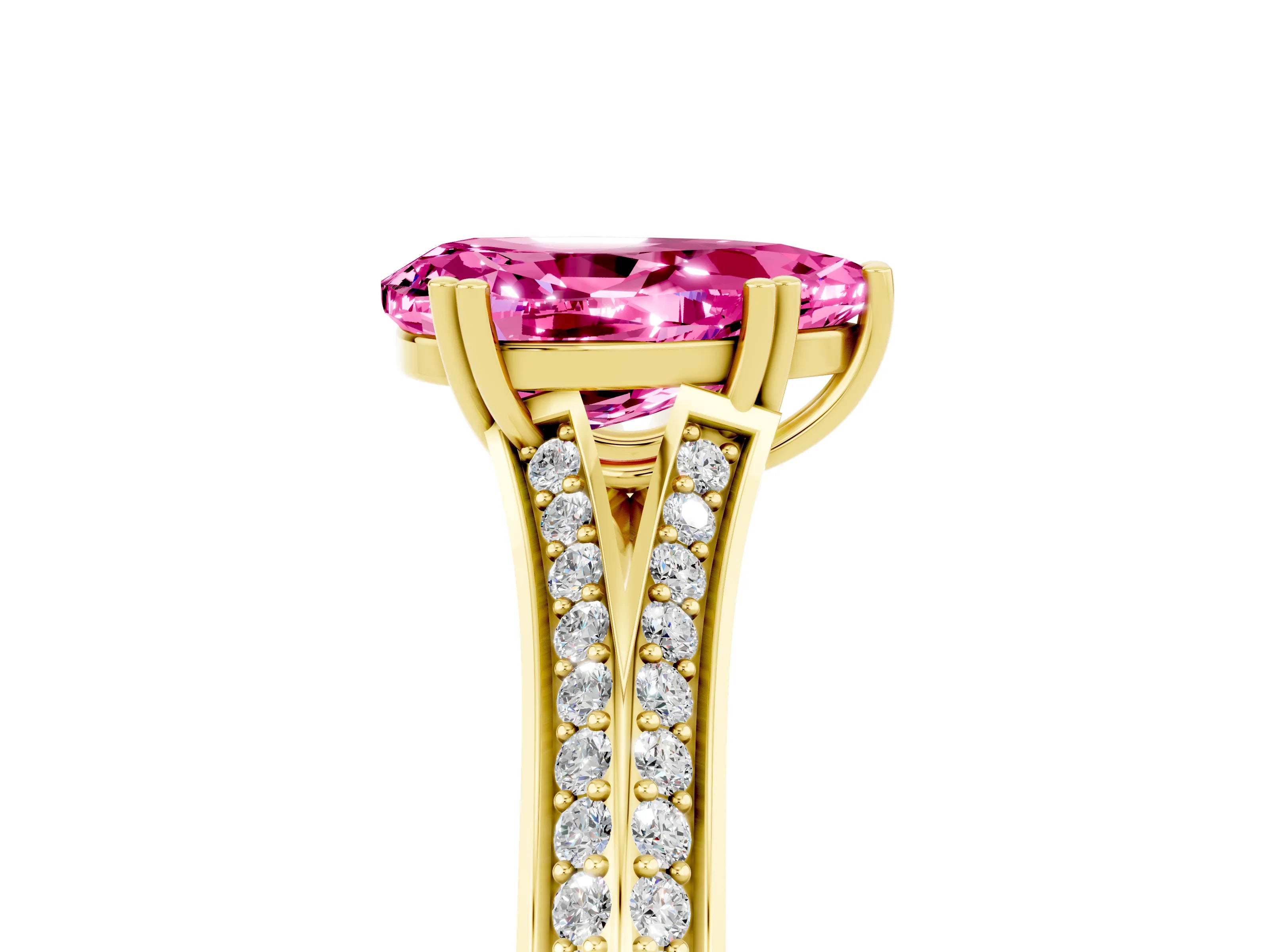 Yellow gold Pear Cut Pink Sapphire Split Shank Engagement Ring with Pavé Band_29