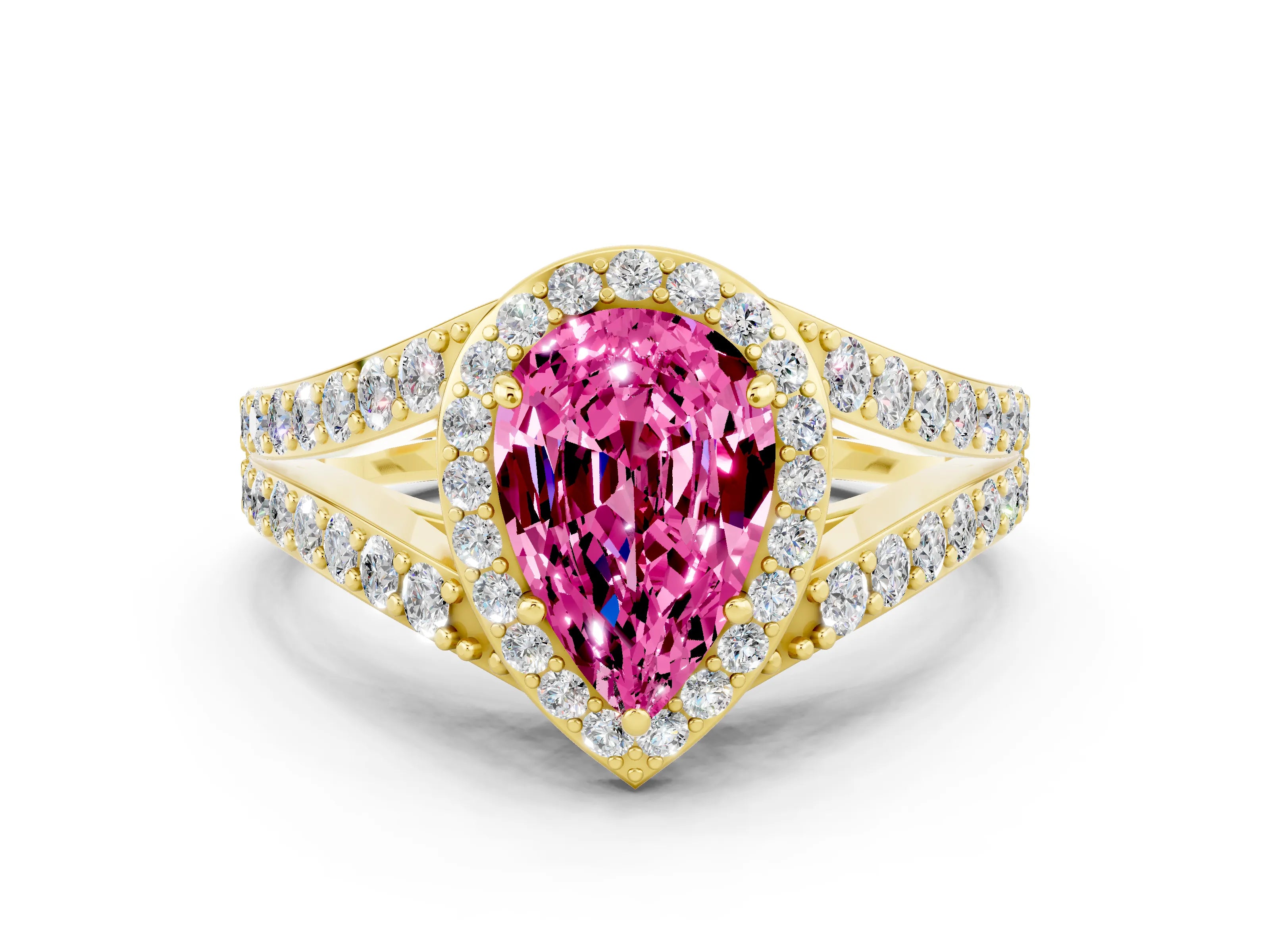 Yellow gold Pear Cut Pink Sapphire Split Shank Halo Ring with Four-Prong Setting_12