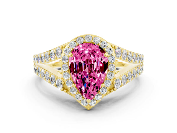 Yellow gold Pear Cut Pink Sapphire Split Shank Halo Ring with Four-Prong Setting