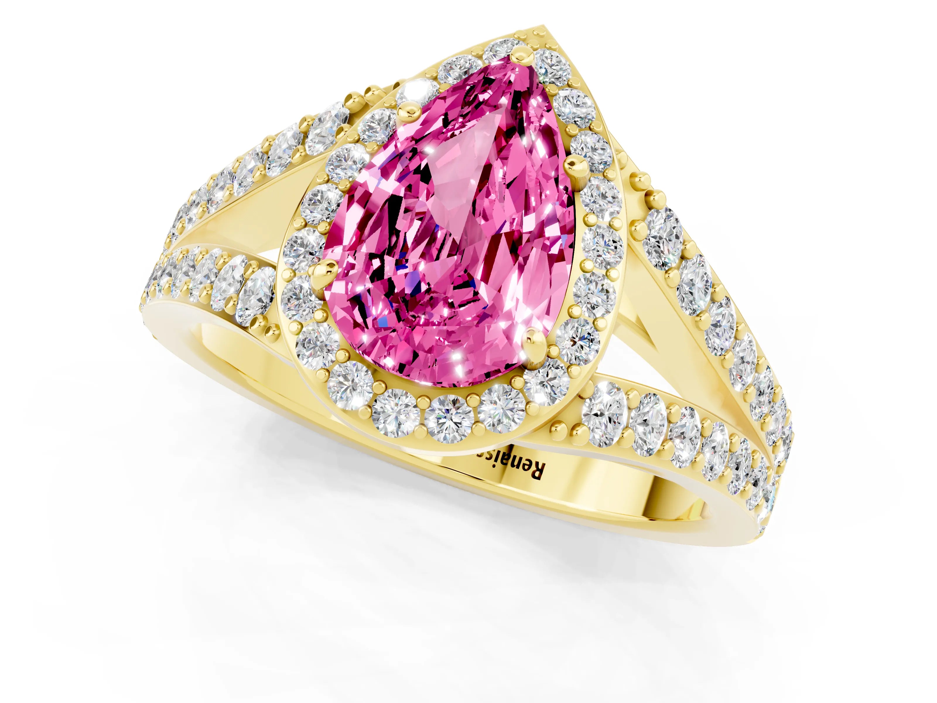 Yellow gold Pear Cut Pink Sapphire Split Shank Halo Ring with Four-Prong Setting_13