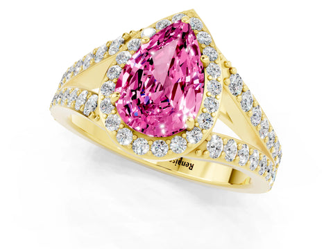 Yellow gold Pear Cut Pink Sapphire Split Shank Halo Ring with Four-Prong Setting_13