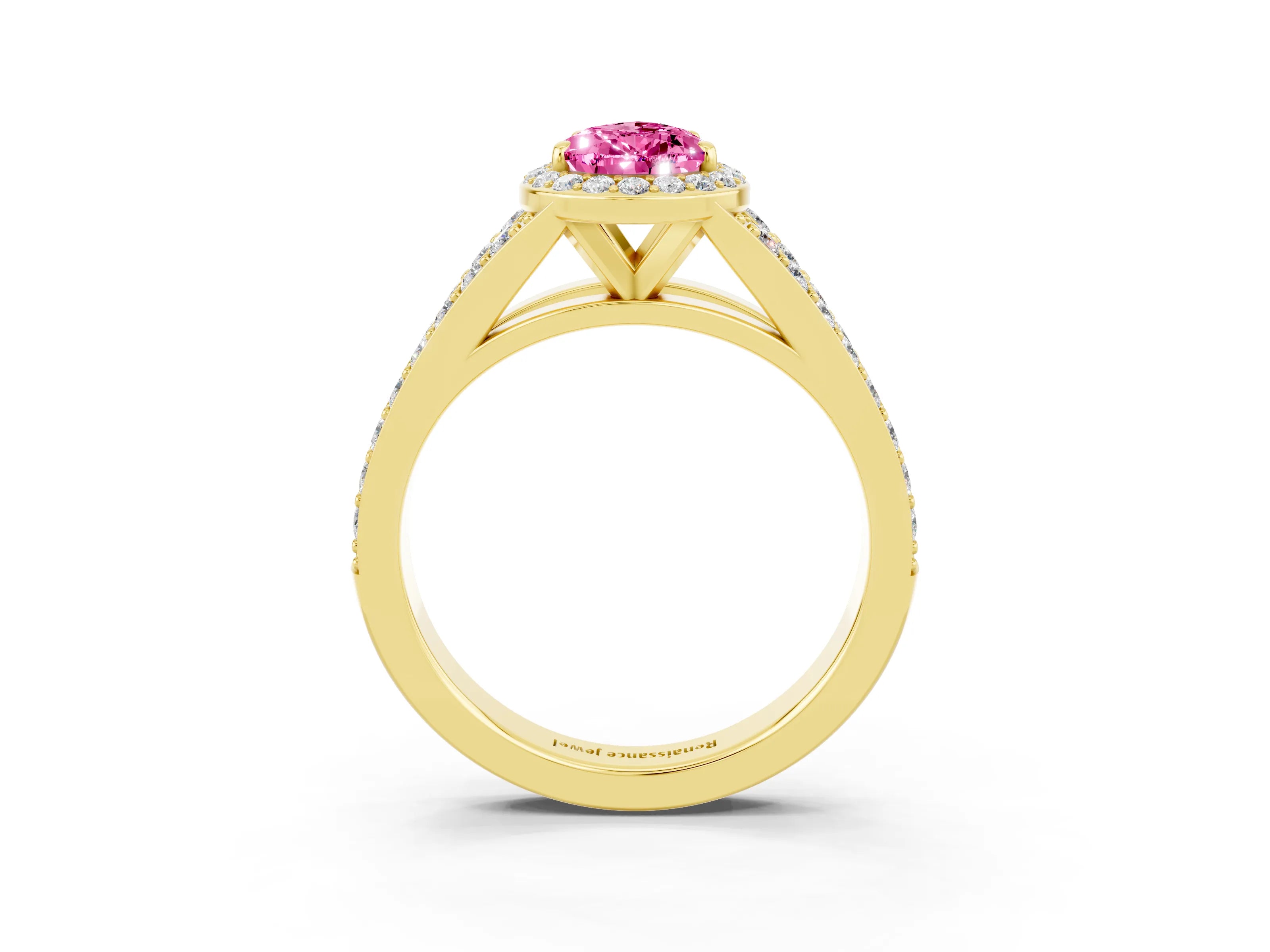 Yellow gold Pear Cut Pink Sapphire Split Shank Halo Ring with Four-Prong Setting_15