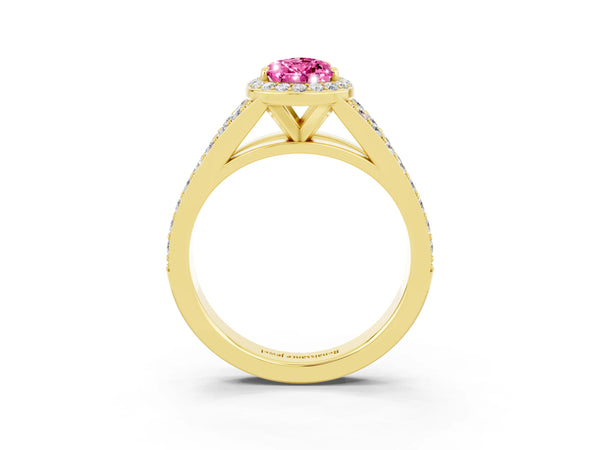 Yellow gold Pear Cut Pink Sapphire Split Shank Halo Ring with Four-Prong Setting