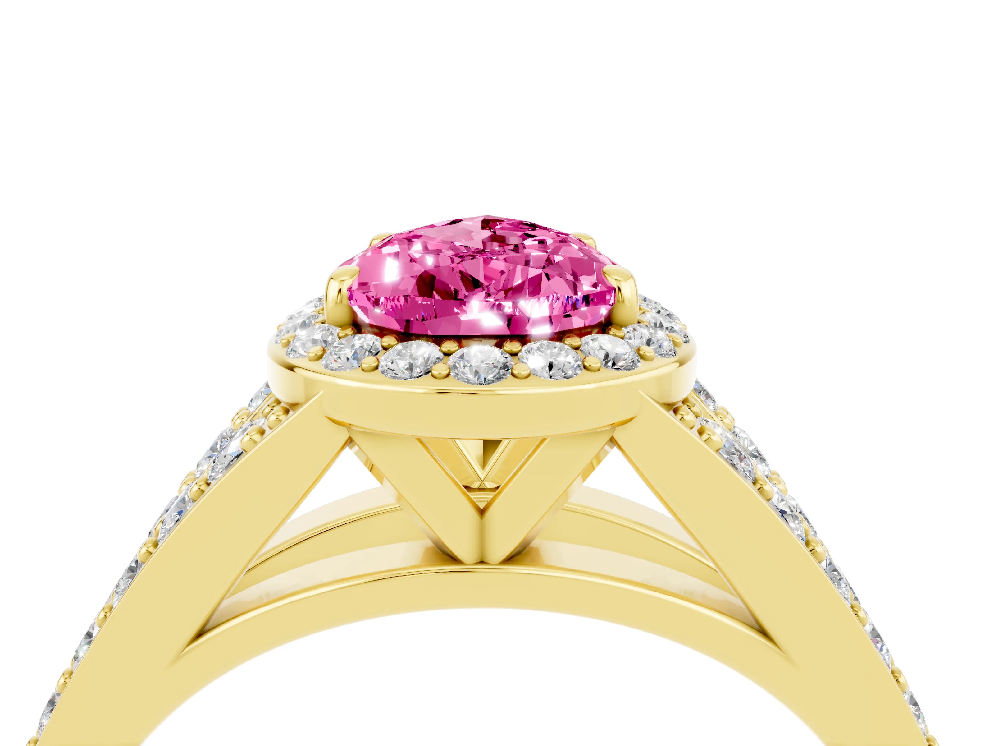 Yellow gold Pear Cut Pink Sapphire Split Shank Halo Ring with Four-Prong Setting_16