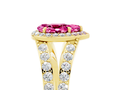 Yellow gold Pear Cut Pink Sapphire Split Shank Halo Ring with Four-Prong Setting_17