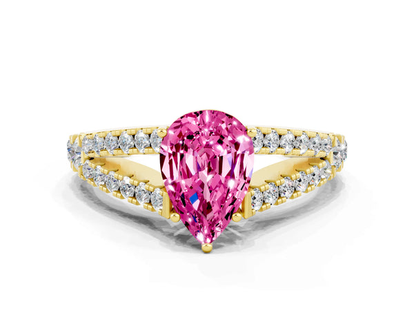 Yellow gold Pear Cut Pink Sapphire Split Shank Pavé Engagement Ring with Four-Prong Setting
