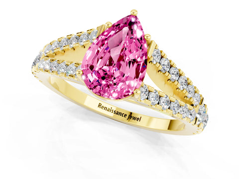 Yellow gold Pear Cut Pink Sapphire Split Shank Pavé Engagement Ring with Four-Prong Setting_13