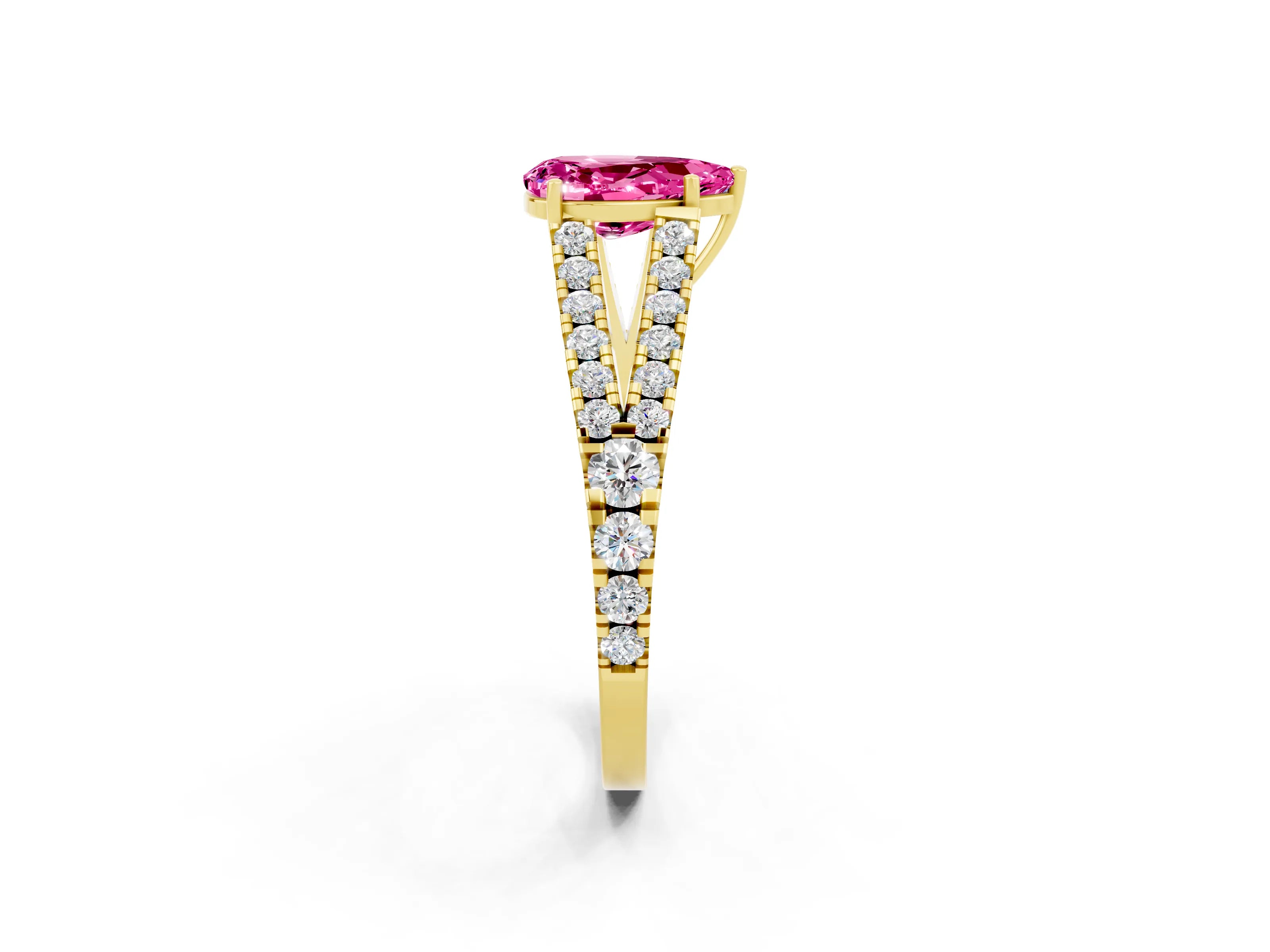 Yellow gold Pear Cut Pink Sapphire Split Shank Pavé Engagement Ring with Four-Prong Setting_14