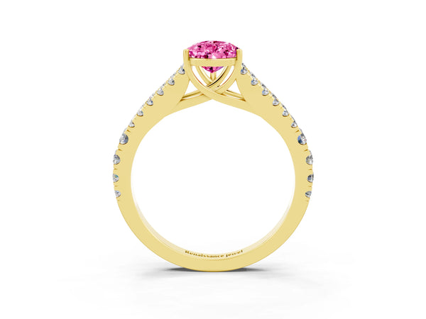 Yellow gold Pear Cut Pink Sapphire Split Shank Pavé Engagement Ring with Four-Prong Setting