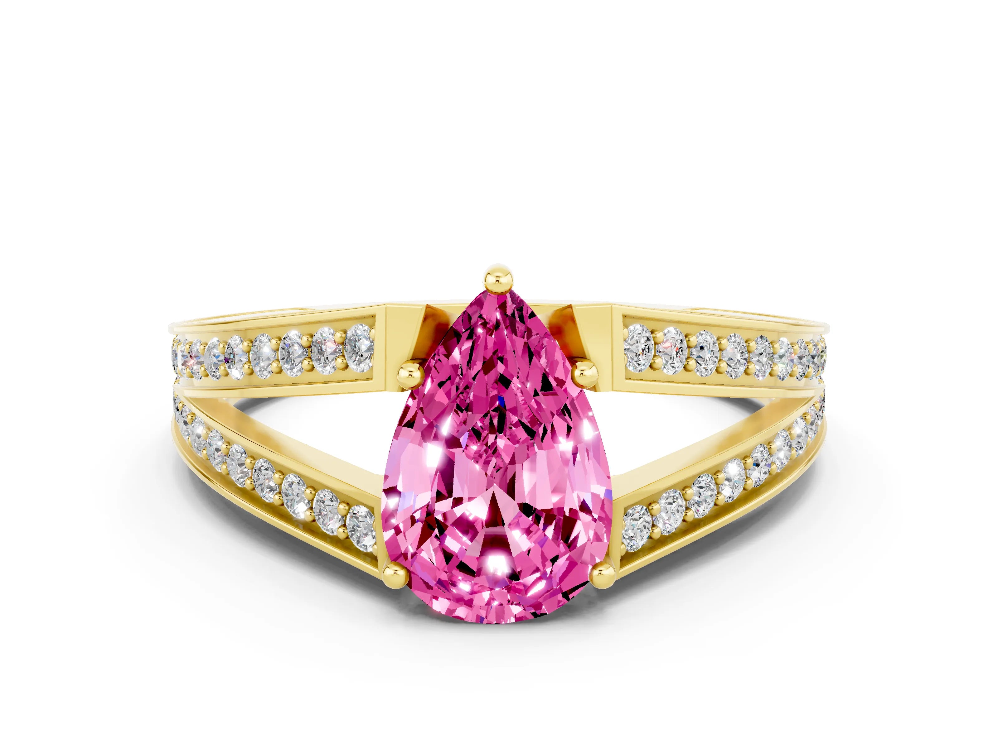 Yellow gold Pear Cut Pink Sapphire Split Shank Ring with Pavé Band and Four-Prong Setting