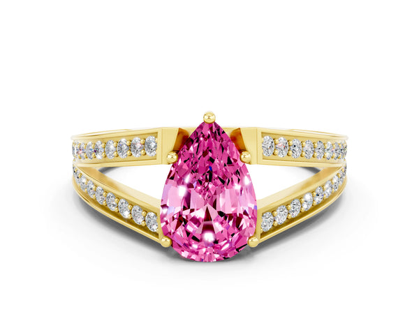 Yellow gold Pear Cut Pink Sapphire Split Shank Ring with Pavé Band and Four-Prong Setting