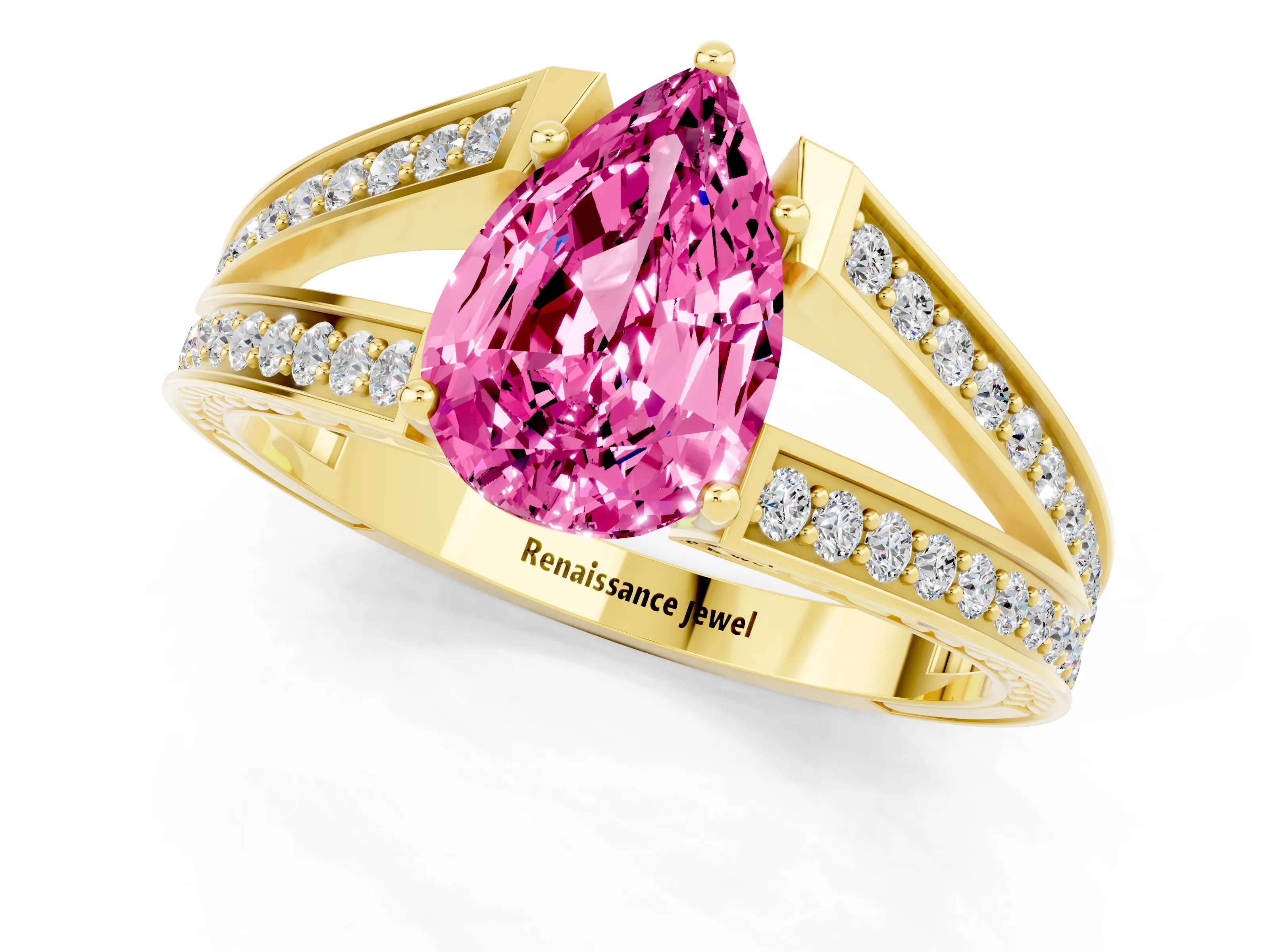 Yellow gold Pear Cut Pink Sapphire Split Shank Ring with Pavé Band and Four-Prong Setting_1