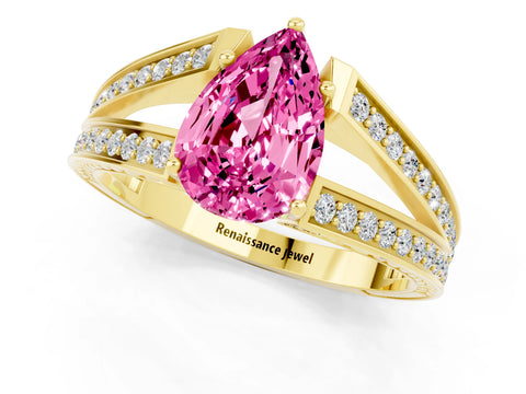 Yellow gold Pear Cut Pink Sapphire Split Shank Ring with Pavé Band and Four-Prong Setting_1