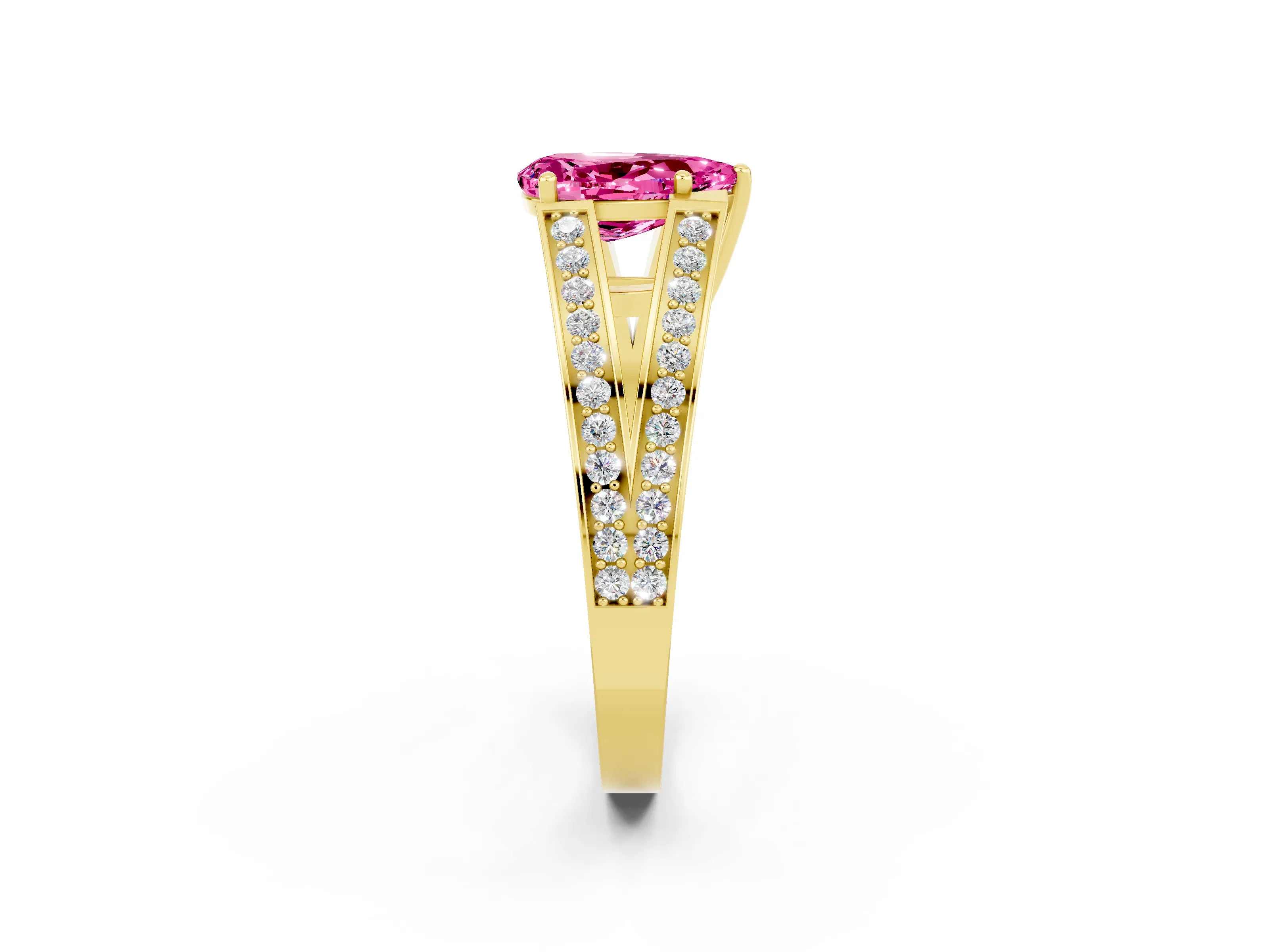 Yellow gold Pear Cut Pink Sapphire Split Shank Ring with Pavé Band and Four-Prong Setting_2