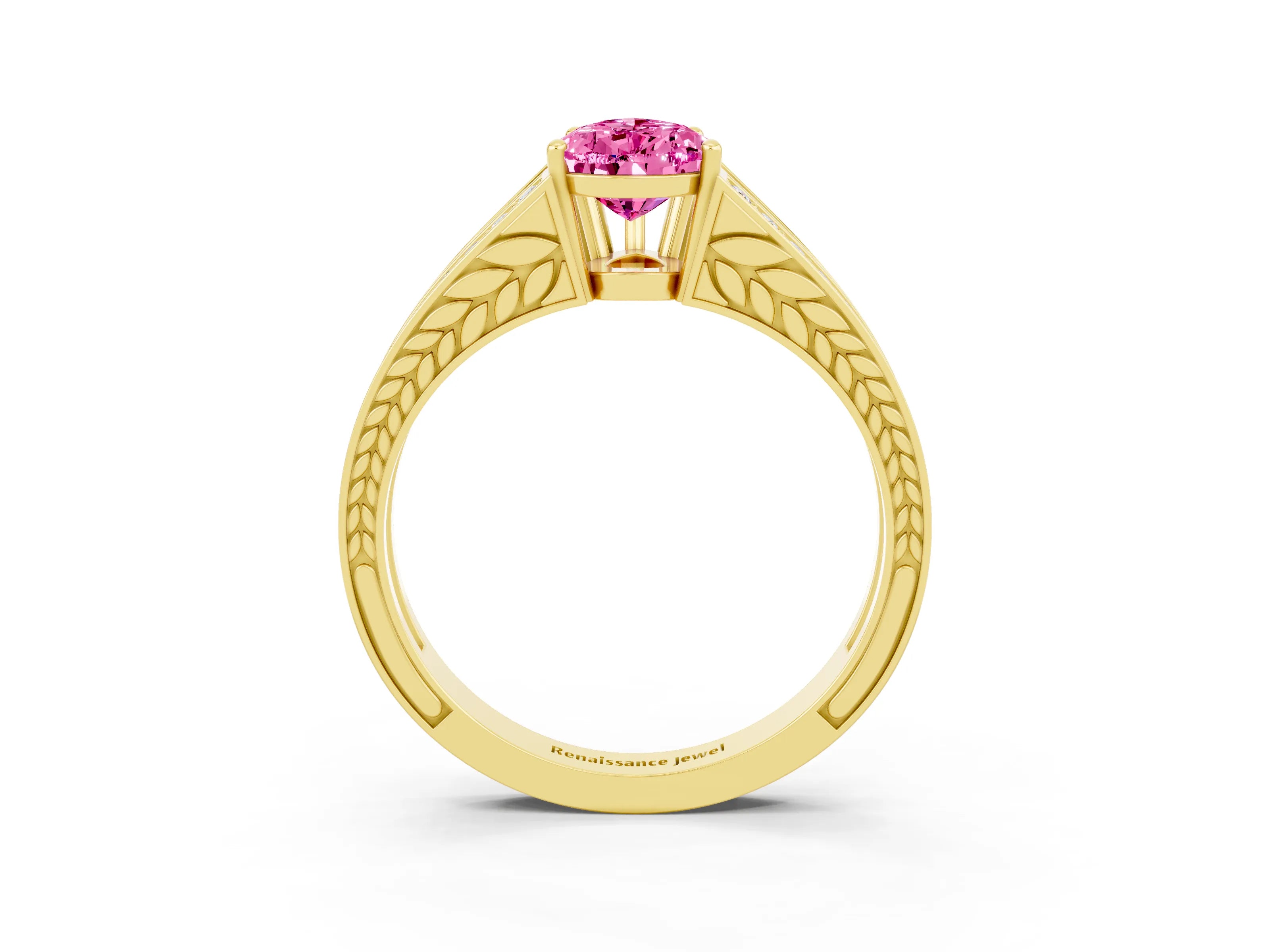 Yellow gold Pear Cut Pink Sapphire Split Shank Ring with Pavé Band and Four-Prong Setting_3