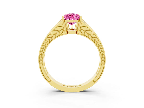 Yellow gold Pear Cut Pink Sapphire Split Shank Ring with Pavé Band and Four-Prong Setting