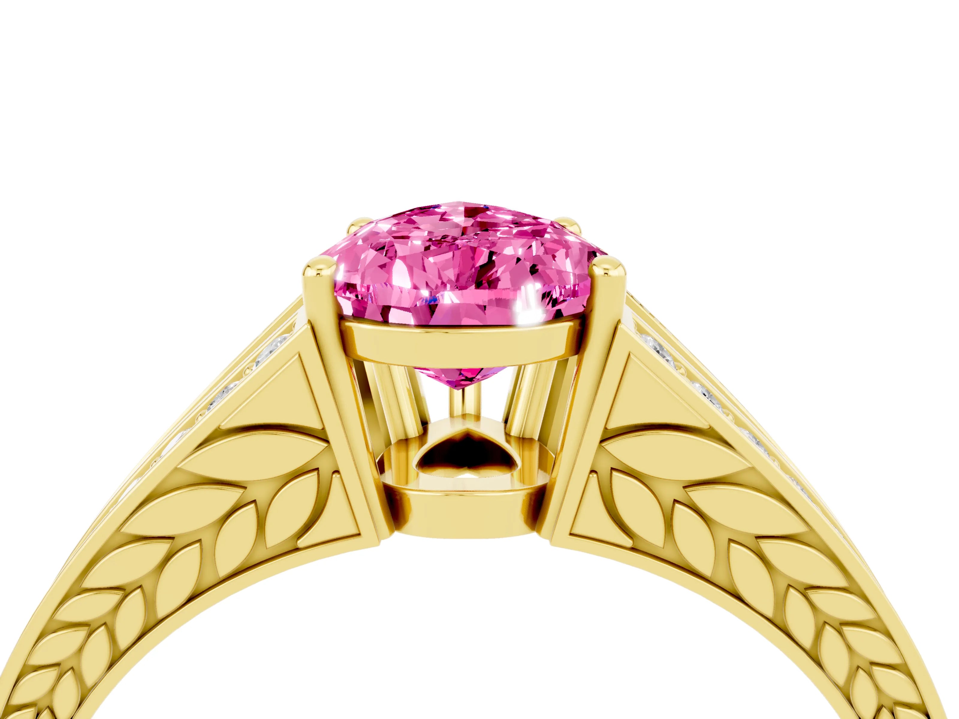 Yellow gold Pear Cut Pink Sapphire Split Shank Ring with Pavé Band and Four-Prong Setting_4