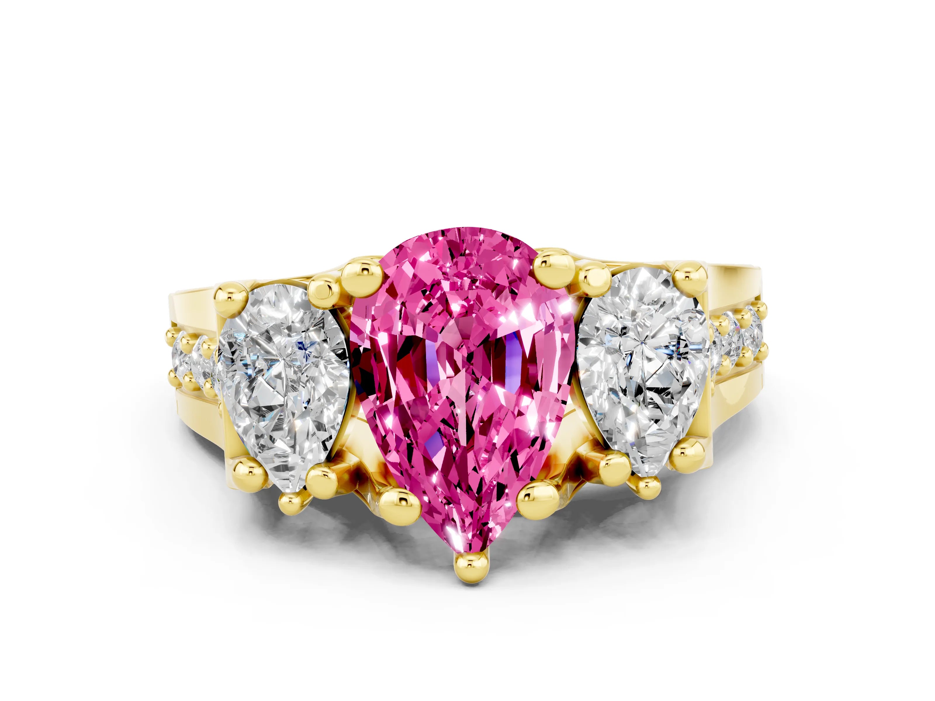 Yellow gold Pear Cut Pink Sapphire Three-Stone Ring with Channel Set Band and Four-Prong Setting