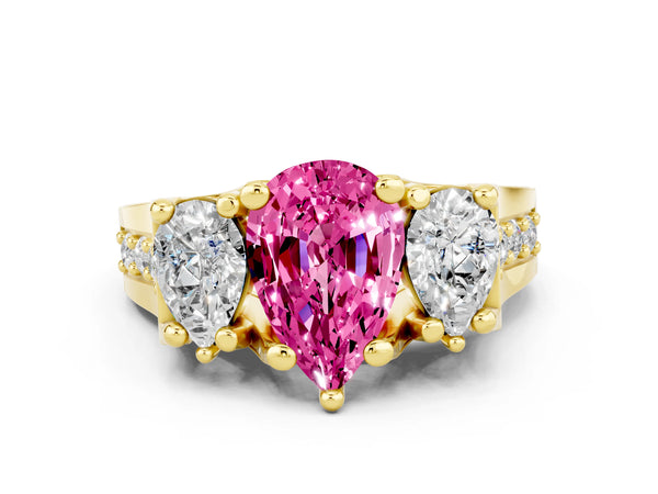 Yellow gold Pear Cut Pink Sapphire Three-Stone Ring with Channel Set Band and Four-Prong Setting