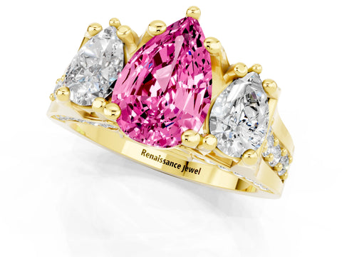 Yellow gold Pear Cut Pink Sapphire Three-Stone Ring with Channel Set Band and Four-Prong Setting_1