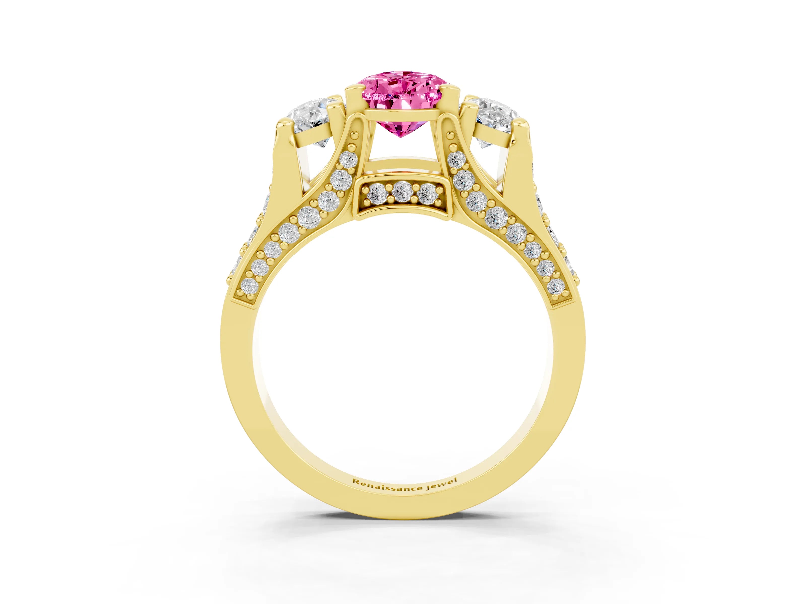 Yellow gold Pear Cut Pink Sapphire Three-Stone Ring with Channel Set Band and Four-Prong Setting_3