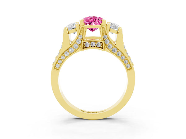 Yellow gold Pear Cut Pink Sapphire Three-Stone Ring with Channel Set Band and Four-Prong Setting