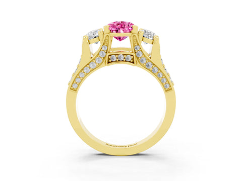 Yellow gold Pear Cut Pink Sapphire Three-Stone Ring with Channel Set Band and Four-Prong Setting_3