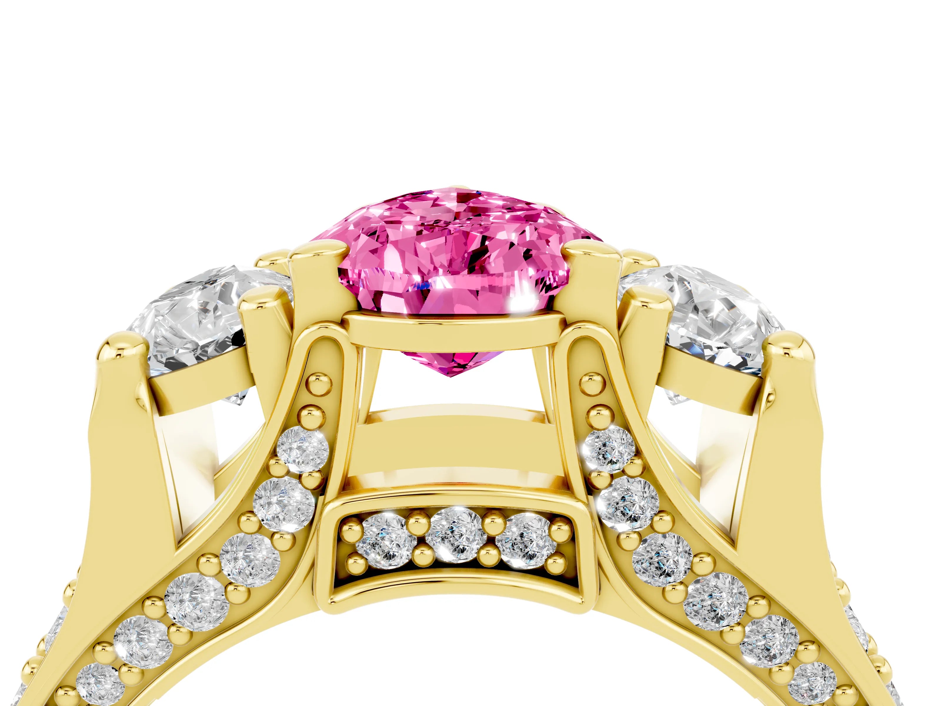 Yellow gold Pear Cut Pink Sapphire Three-Stone Ring with Channel Set Band and Four-Prong Setting_4