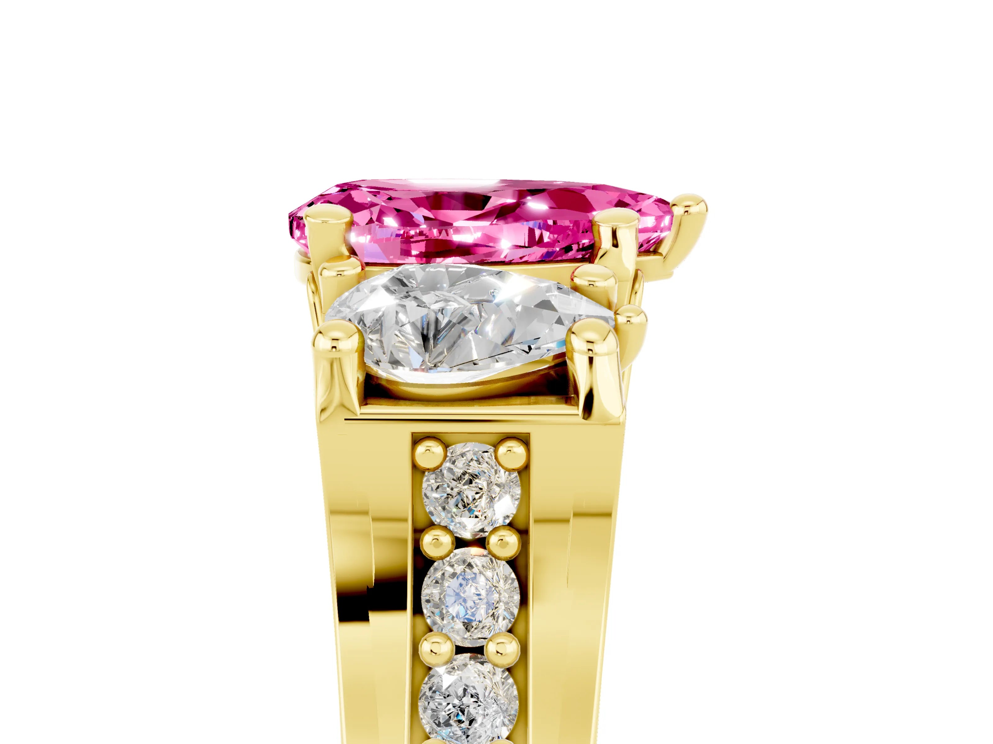 Yellow gold Pear Cut Pink Sapphire Three-Stone Ring with Channel Set Band and Four-Prong Setting_5