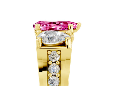 Yellow gold Pear Cut Pink Sapphire Three-Stone Ring with Channel Set Band and Four-Prong Setting_5