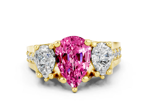 Yellow gold Pear Cut Pink Sapphire Three-Stone Ring with Channel Set Band and Four-Prong Setting