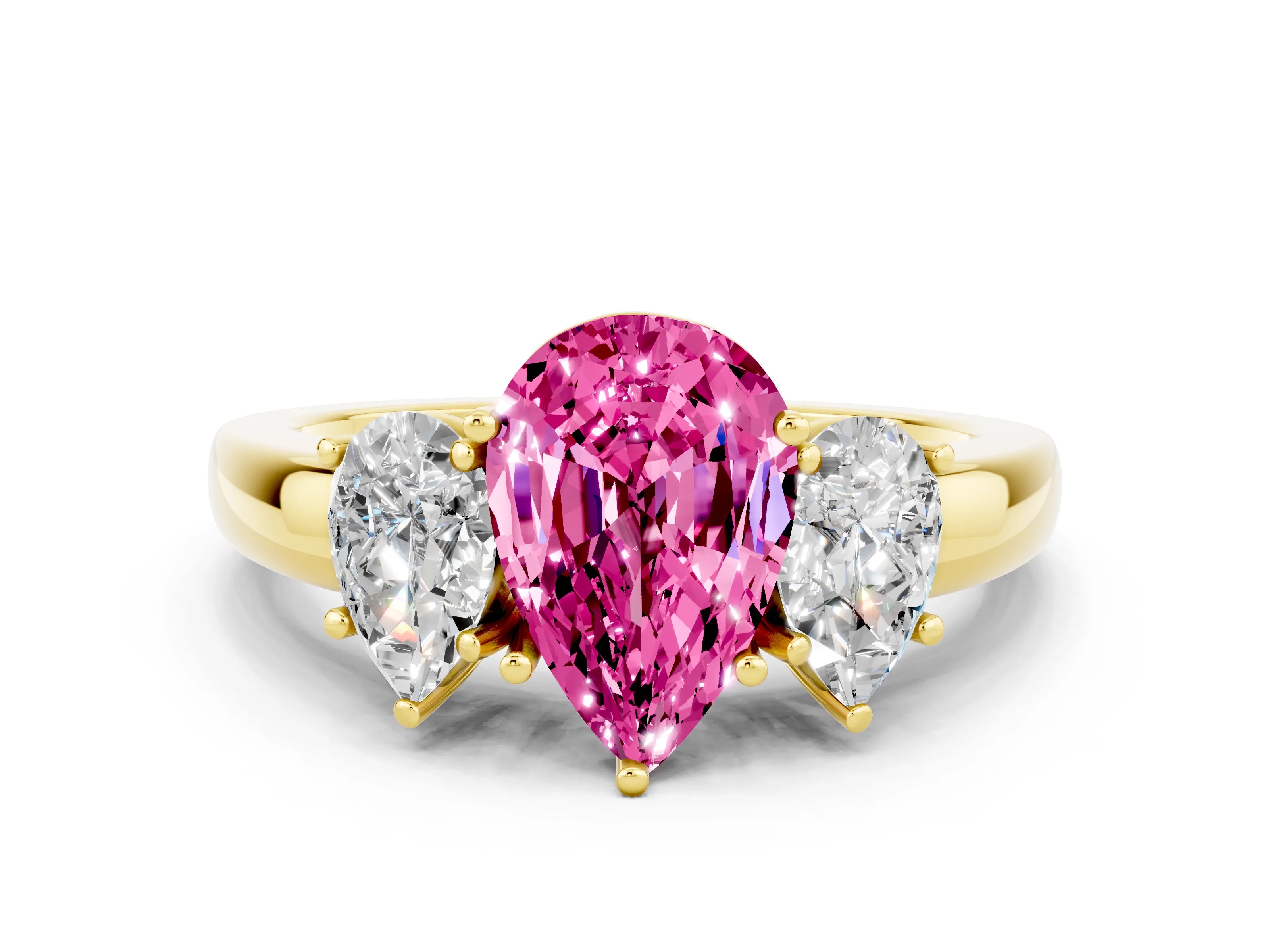 Yellow gold Pear Cut Pink Sapphire Three-Stone Ring with Four-Prong Setting and Classic Band
