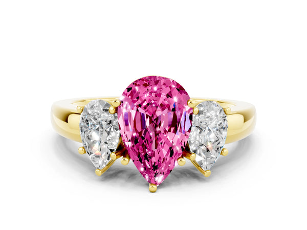 Yellow gold Pear Cut Pink Sapphire Three-Stone Ring with Four-Prong Setting and Classic Band