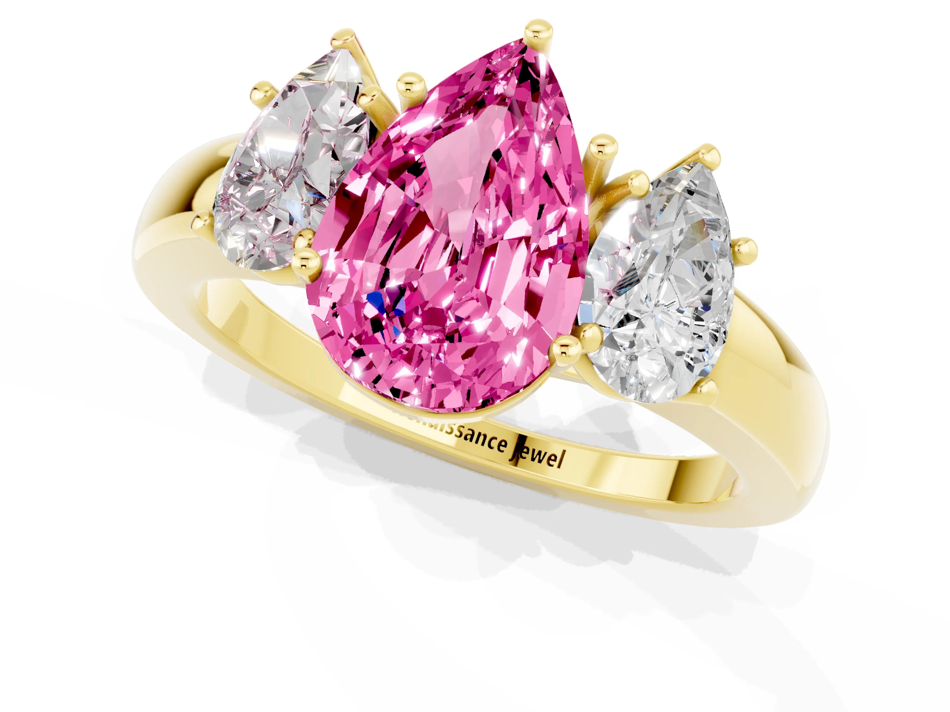 Yellow gold Pear Cut Pink Sapphire Three-Stone Ring with Four-Prong Setting and Classic Band_1
