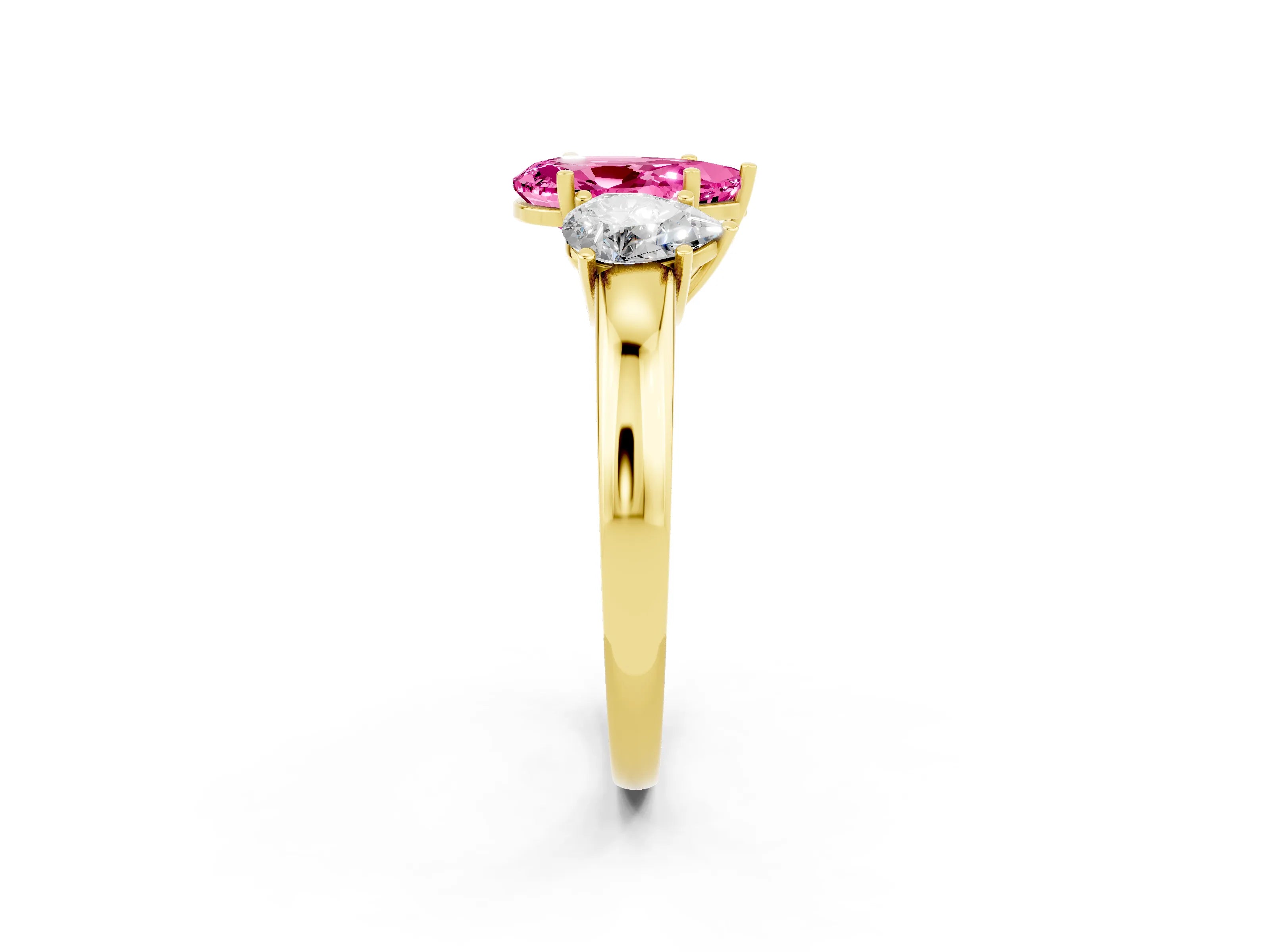 Yellow gold Pear Cut Pink Sapphire Three-Stone Ring with Four-Prong Setting and Classic Band_2