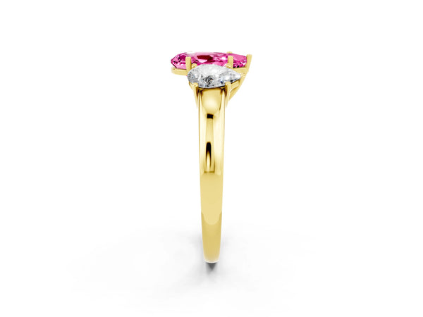 Yellow gold Pear Cut Pink Sapphire Three-Stone Ring with Four-Prong Setting and Classic Band